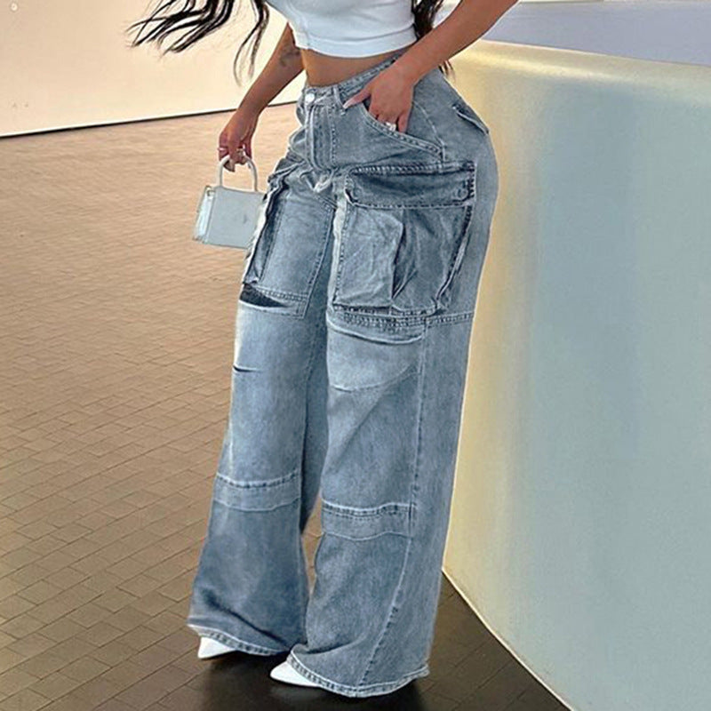 Women's Large Pocket BAGGY High Waist Straight Jeans