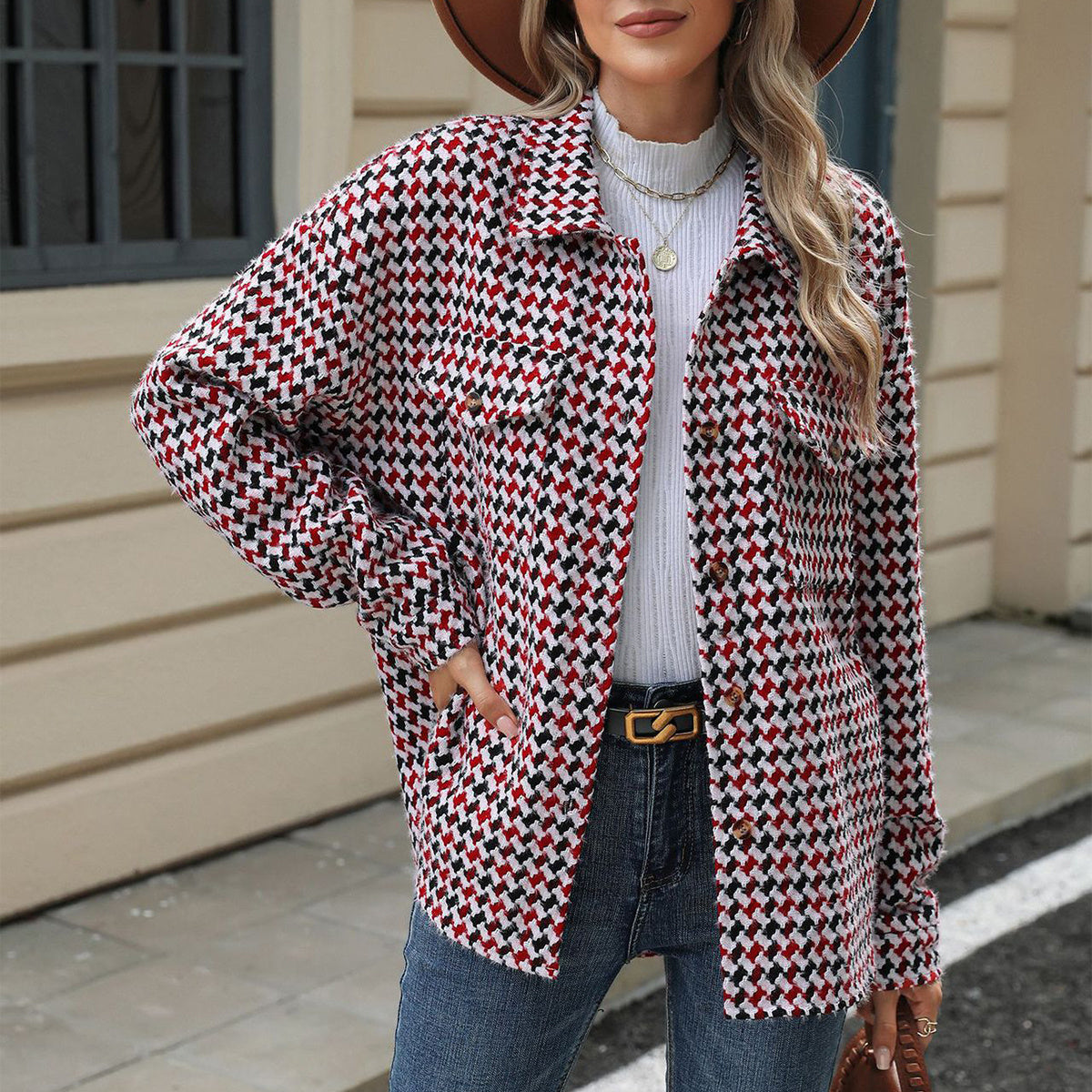Houndstooth Lapel Tweed Coat Casual