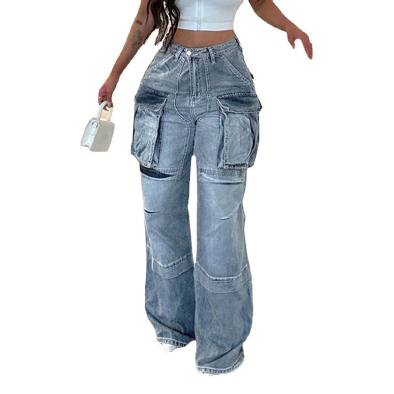 Women's Large Pocket BAGGY High Waist Straight Jeans