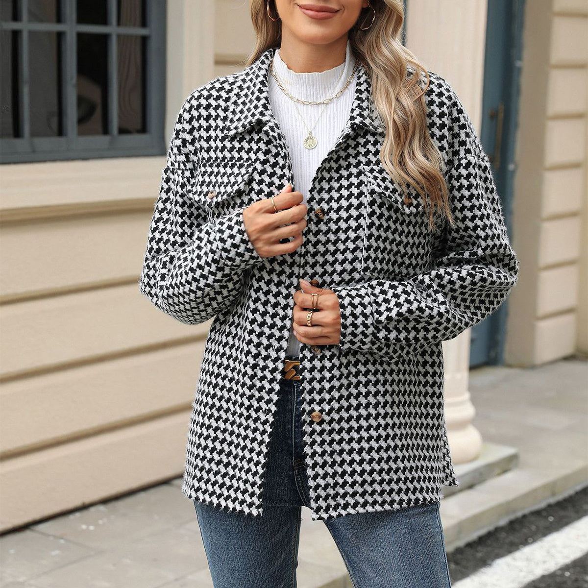Houndstooth Lapel Tweed Coat Casual