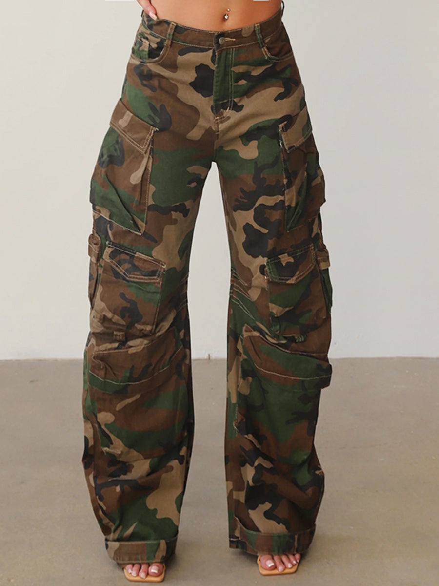Women's Side Multi-pocket Camouflage Loose Jeans