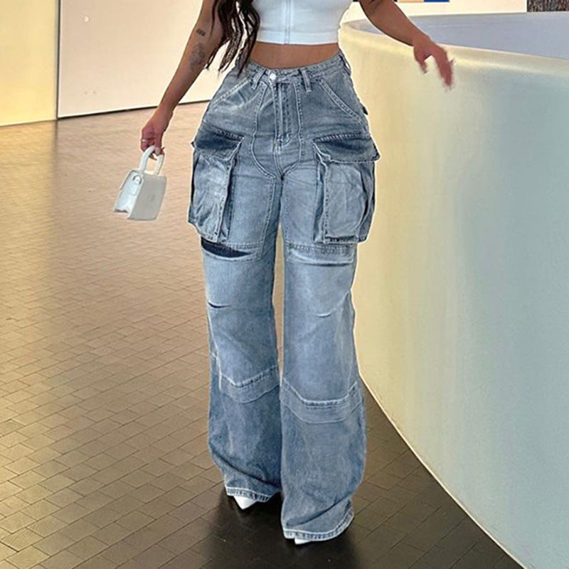 Women's Large Pocket BAGGY High Waist Straight Jeans