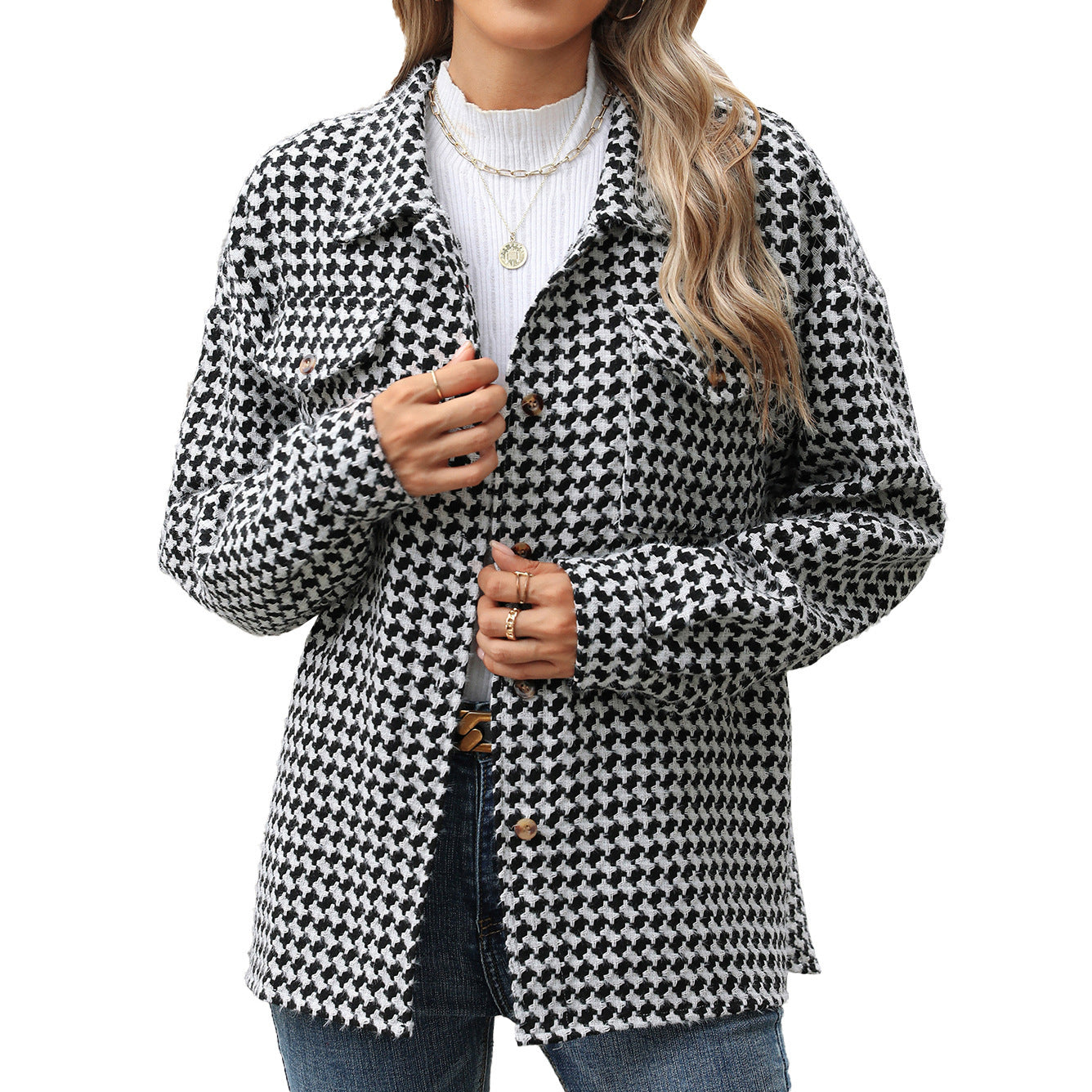 Houndstooth Lapel Tweed Coat Casual