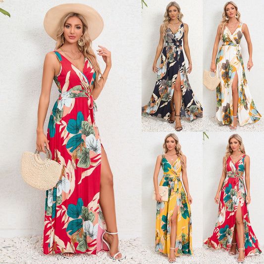 V-neck Floral Print Long Dress