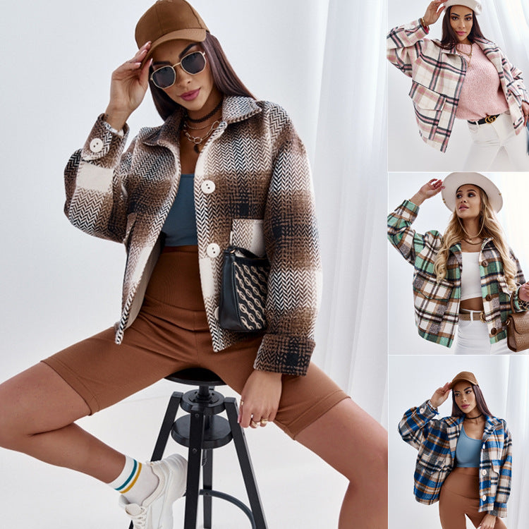 Women's Loose Plaid Lapel Woolen Jacket