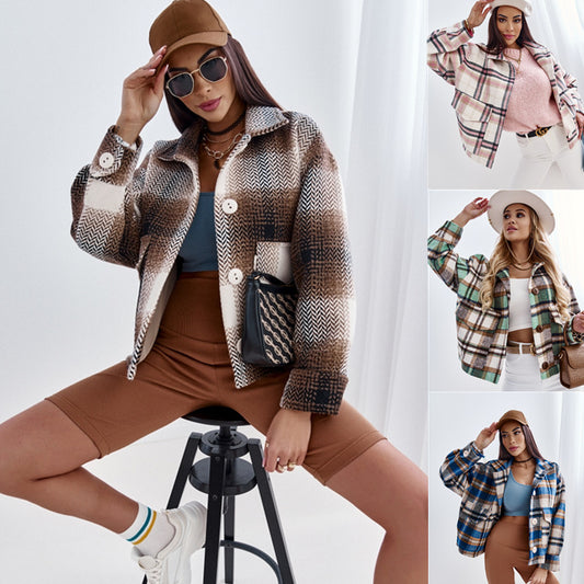Women's Loose Plaid Lapel Woolen Jacket