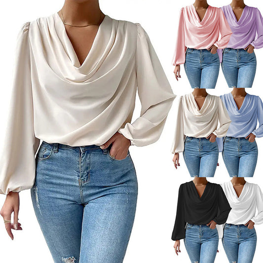 Women's Loose V-neck Top Long-sleeved