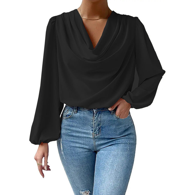 Women's Loose V-neck Top Long-sleeved