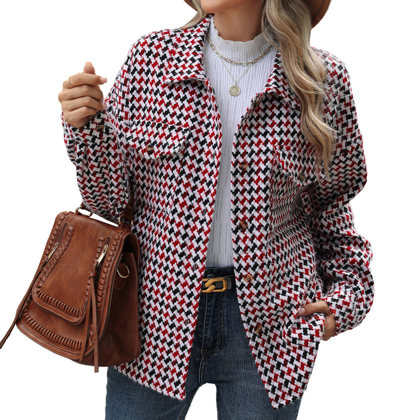 Houndstooth Lapel Tweed Coat Casual