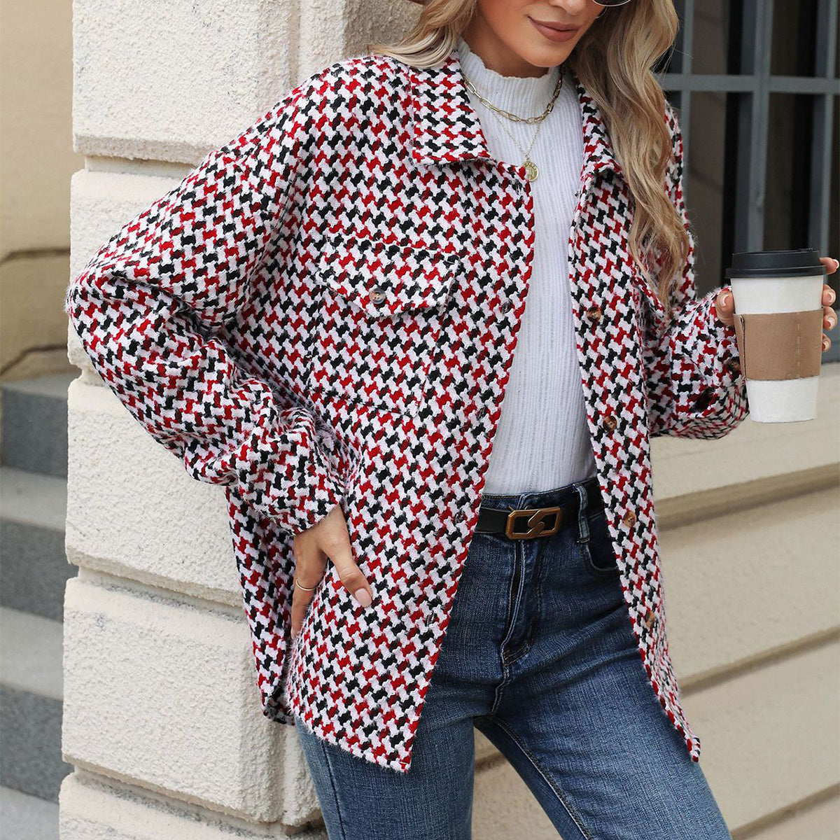 Houndstooth Lapel Tweed Coat Casual