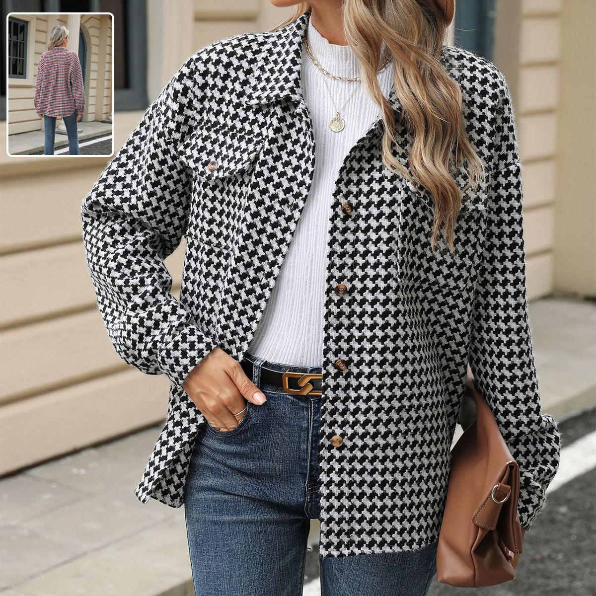 Houndstooth Lapel Tweed Coat Casual